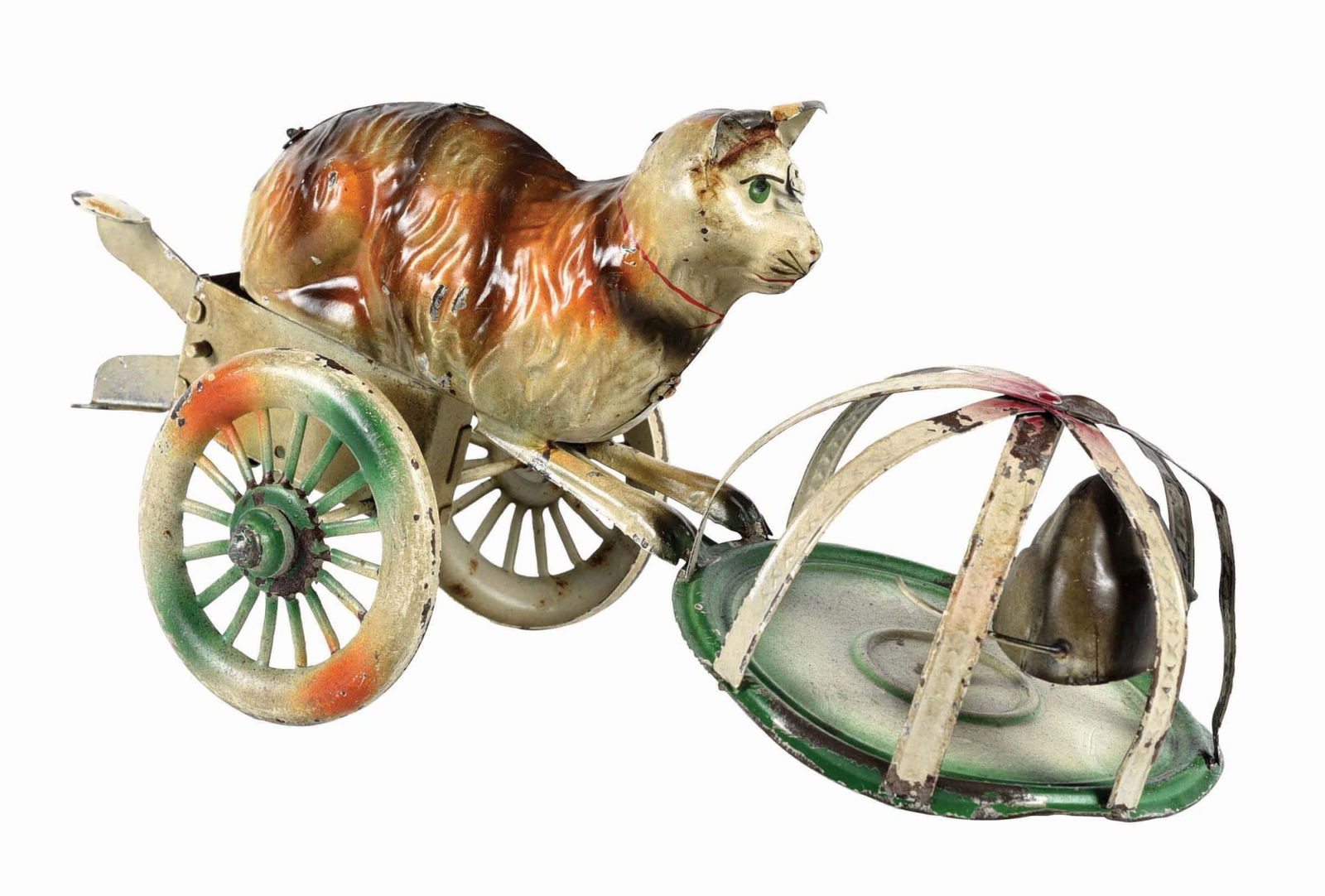 GERMAN TIN LITHO PAINTED CAT CHASING MOUSE IN CAGE TOY (1 of 3)