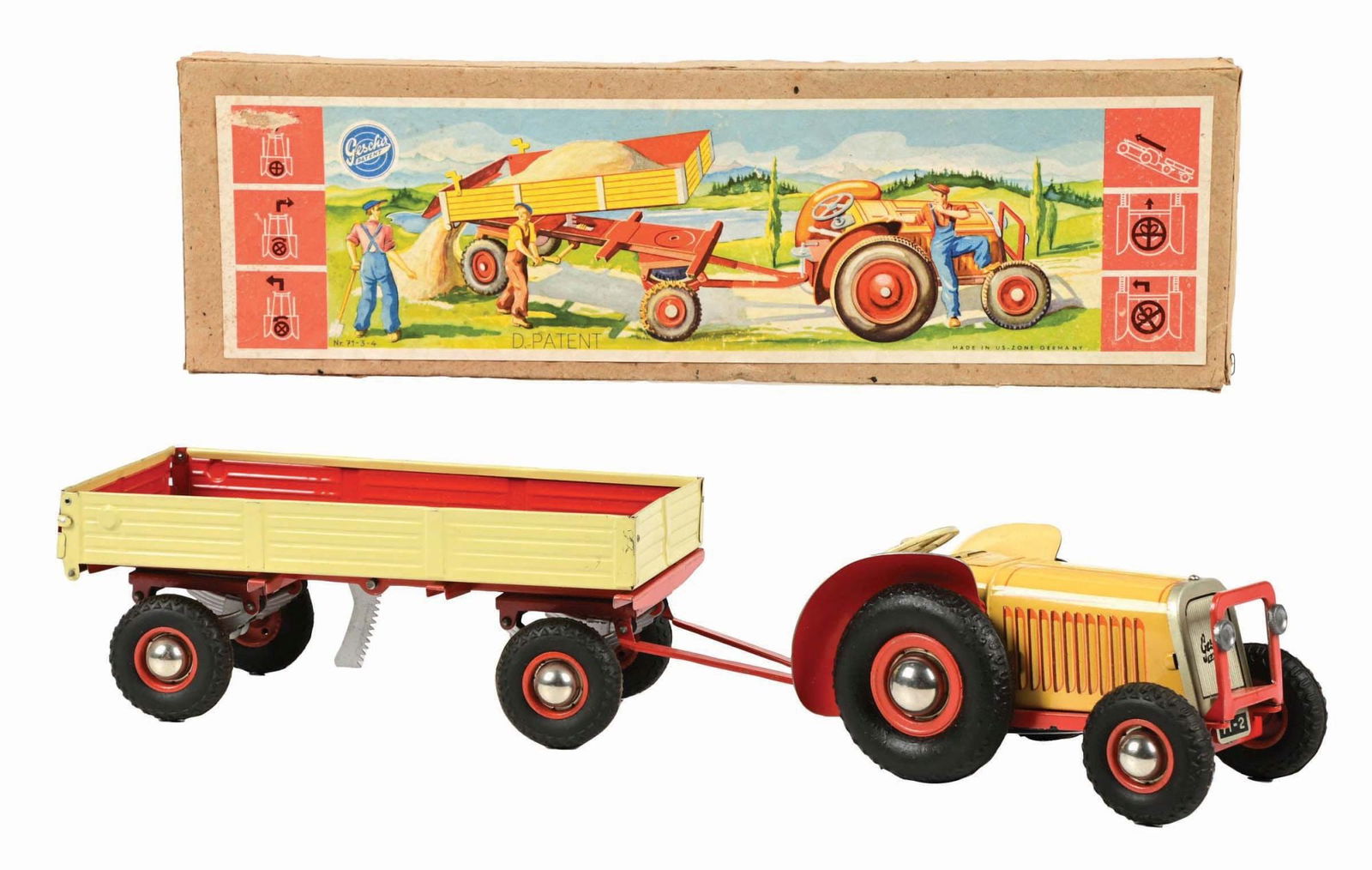 GERMAN GESCHA U.S. ZONE GERMANY TRACTOR SET: It has the tractor in the front and dump load in the back. It is marked "Made in US Germany" on the colorful label on the box. It looks like old store stock, in never used condition with inserts. Cond