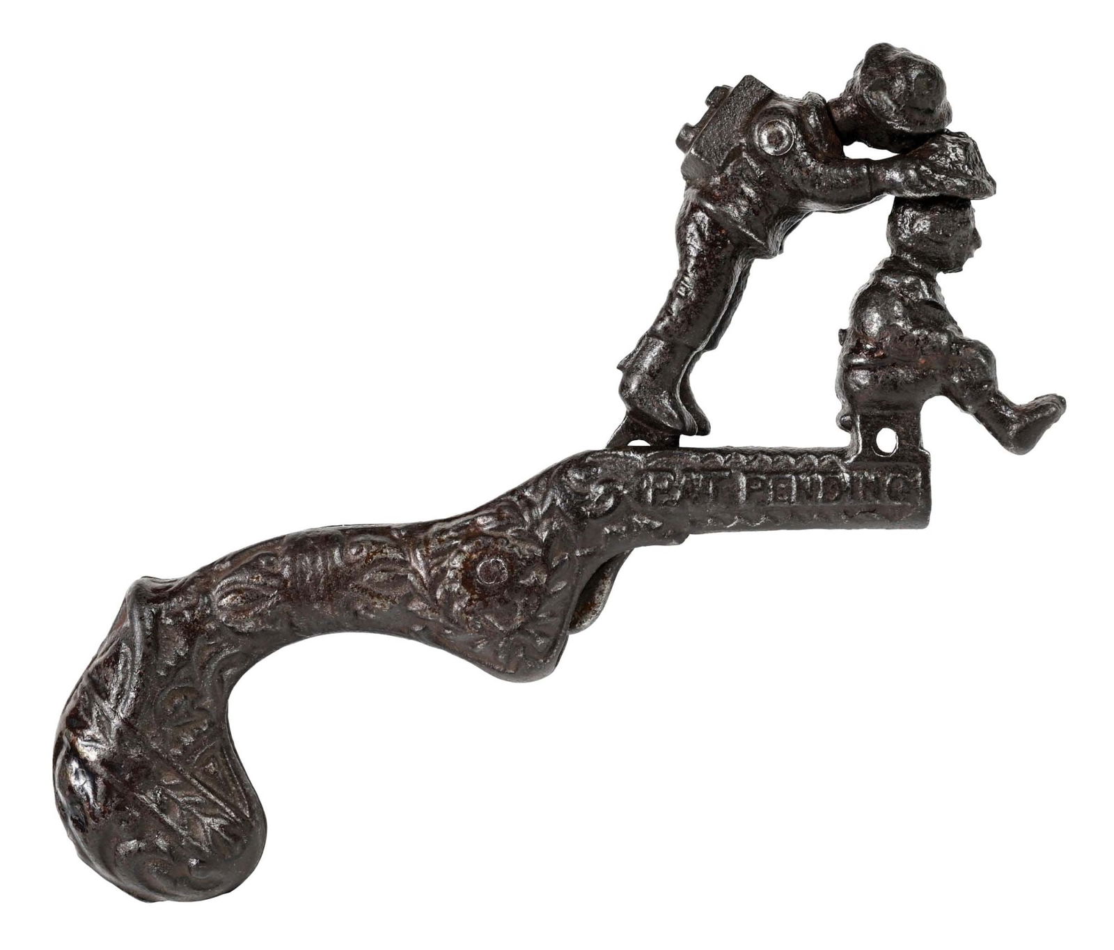 CAST IRON ANIMATED '"SHOOT THE HAT" CAP GUN: When trigger is pulled, rear figure puts hat on front figure, which explodes the cap. Some wear to japanning. Condition: (Very Good - Excellent) Dimensions: 4 - 3/4" x 4"