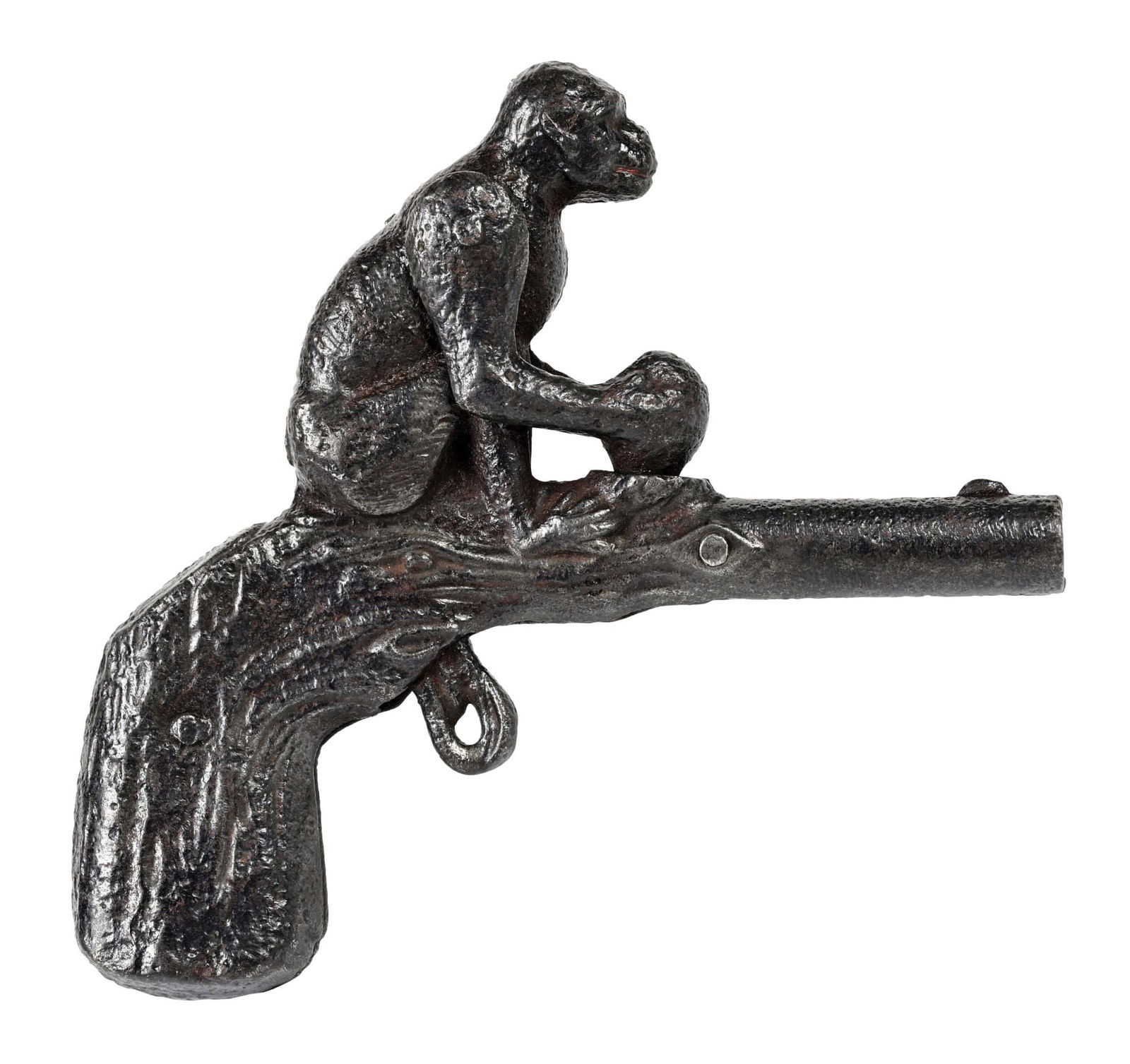 CAST IRON MONKEY WITH COCONUT CAP GUN: Animated. When trigger is pulled, monkey bangs down coconut to explode cap. Moderate wear throughout. Condition: (Very Good - Excellent) Dimensions: 4 - 1/4" x 4"