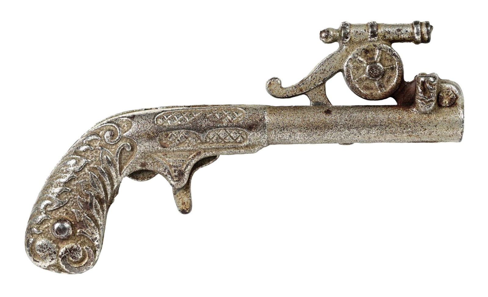 IVES CAST IRON CANNON ANIMATED CAP GUN: Some wear to chrome throughout. When trigger is pulled, cannon smacks against cap. Condition: (Very Good) Dimensions: 4 - 3/4" x 3"