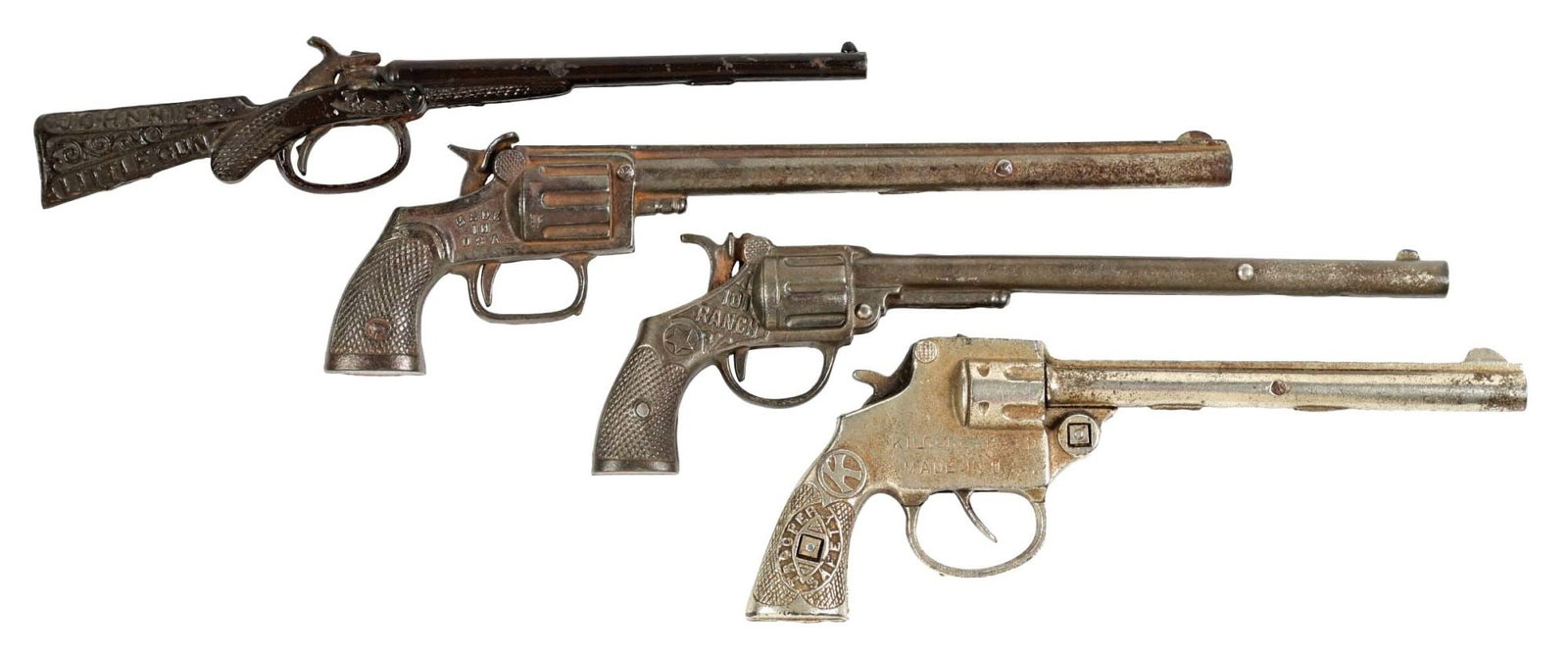 LOT OF 4: VARIOUS LATE 19TH & EARLY 20TH CENTURY CAP PISTOLS & RIFLE: The rifle is an Ives single shot, made in the 1880s. It still has some nice Japanning on it, and says "Johnnies Little Gun." There are some later ones, including a Long One Cowboy Pistol, another Long