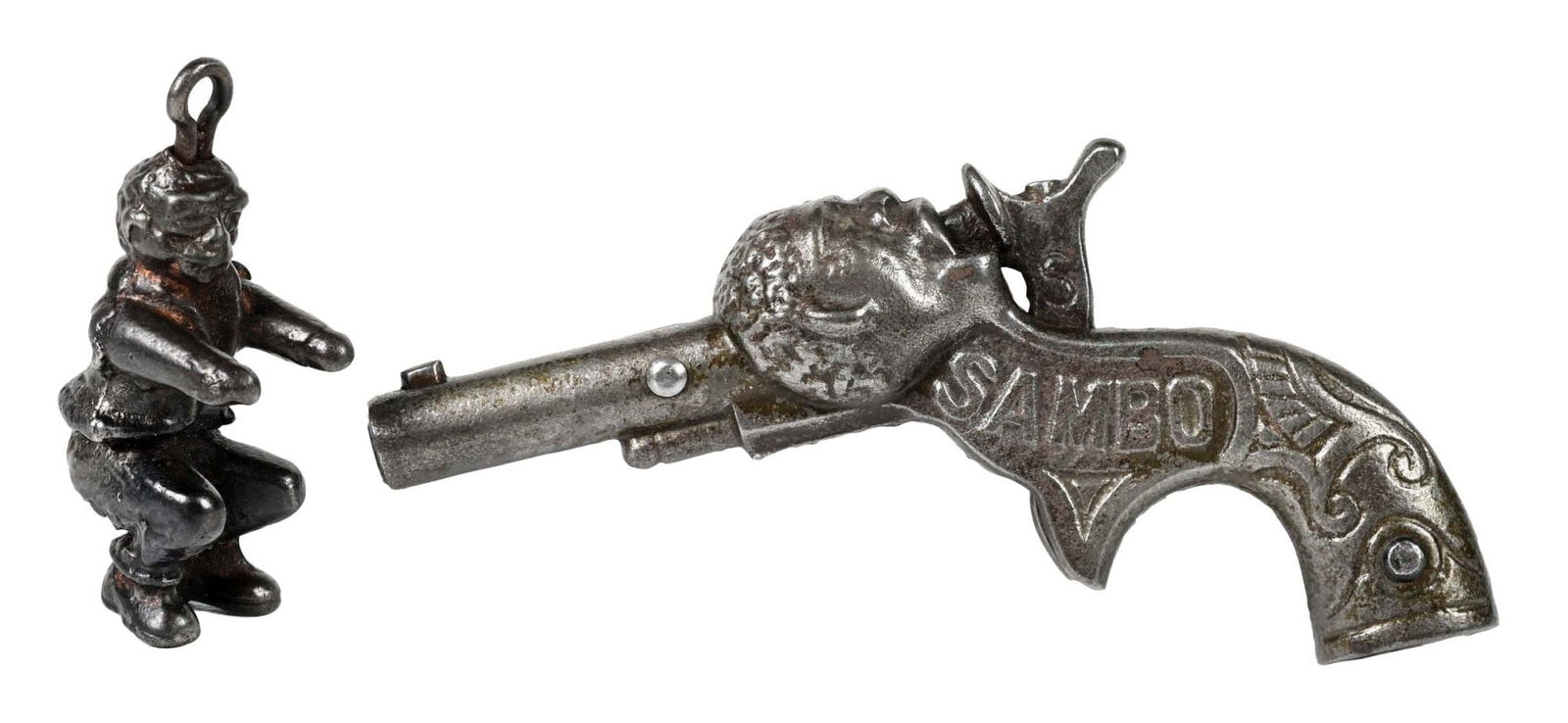 LOT OF 2: SAMBO ANIMATED CAST IRON CAP GUN & SITTING MONKEY CAP BOMB: Both have some plating still present. Gun is marked "Patent 1877." Condition: (Very Good - Excellent) Dimensions: largest, 4 - 1/2" x 2 - 1/2"