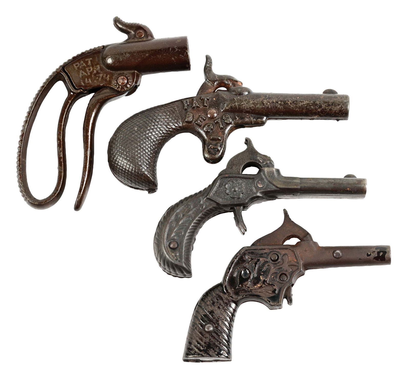 LOT OF 4: EARLY CAST IRON JAPANED CAP PISTOLS (1 of 2)