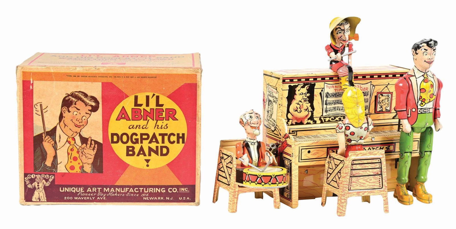 UNIQUE ART TIN LITHO WIND-UP LI'L ABNER DOG PATCH BAND (1 of 4)
