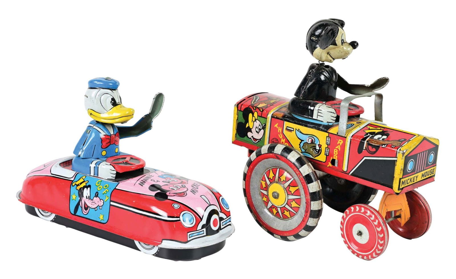 LOT OF 2: MARX TIN LITHO WALT DISNEY WIND-UP WIND-UP VEHICLE TOYS: (A) A Donald Duck the Driver, with tin litho arm and bobbing head. There are Walt Disney characters, including Mickey and Minnie Mouse, Goofy and Pluto depicted on the car base. (B) A Mickey Mouse Lin