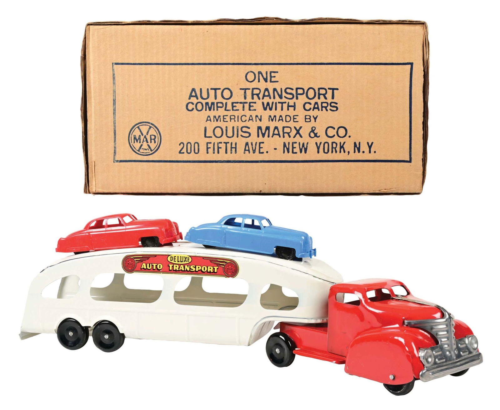MARX PRESSED STEEL & PLASTIC AUTO TRANSPORT: Pressed steel cab and rear Deluxe Auto Transport. Ramps included and still wrapped in original wax paper. Box has insert. Cars are plastic. Old store stock. Condition: (Near Mint) Dimensions: Box: 14