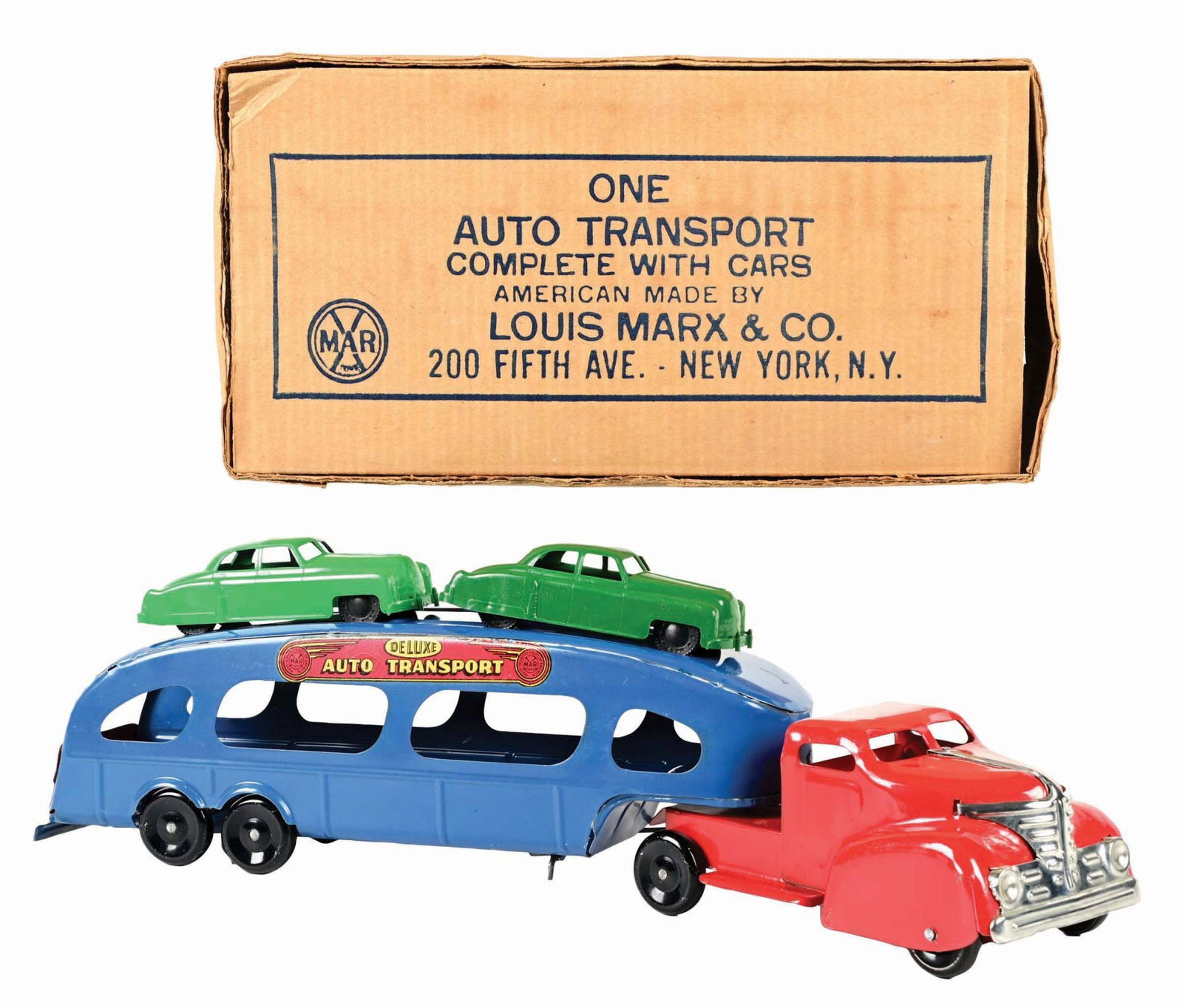MARX PRESSED STEEL & PLASTIC DELUXE AUTO TRANSPORT SET IN ORIGINAL BOX (1 of 3)