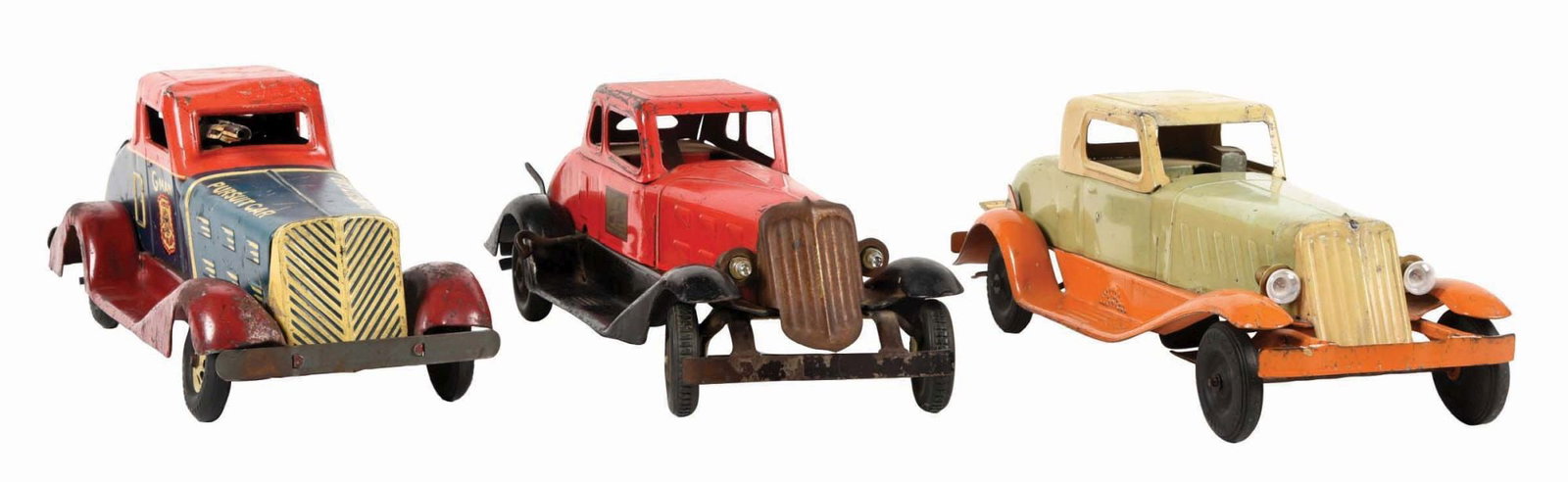 LOT OF 3: AMERICAN-MADE PRESSED STEEL AUTOMOBILE TOYS: (A) A Hoge Fire Chief car with a siren sound, battery-operated headlights and has the rear spare tire. (B) The Girard with battery-operated headlights and original back tail gate. It has a nice three-