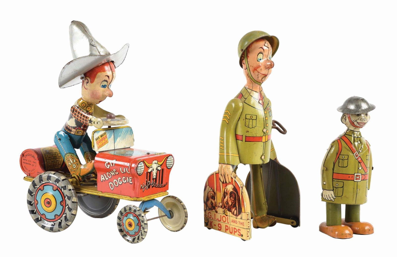 LOT OF 3: AMERICAN-MADE TIN LITHO WIND-UP TOYS: The lot includes a Chein Dupoint waddler, Unique Art G.I. Joe and K-9 Pups and a Unique Art Whoopi car. CONDITION: All seem to be in working condition. All have some scratching and playwear. There is
