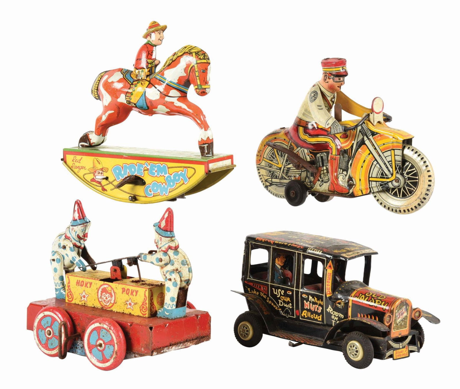 LOT OF 4: WYANDOTTE & MARX TIN LITHO & PRESSED STEEL TOYS: The lot includes a wind-up Marx Old Gilapee with the original driver and passenger, wind-up Marx siren police motorcycle, wind-up Pokey-Pokey hand car and Ride Em Cowboy red ranger. Condition: (Very G