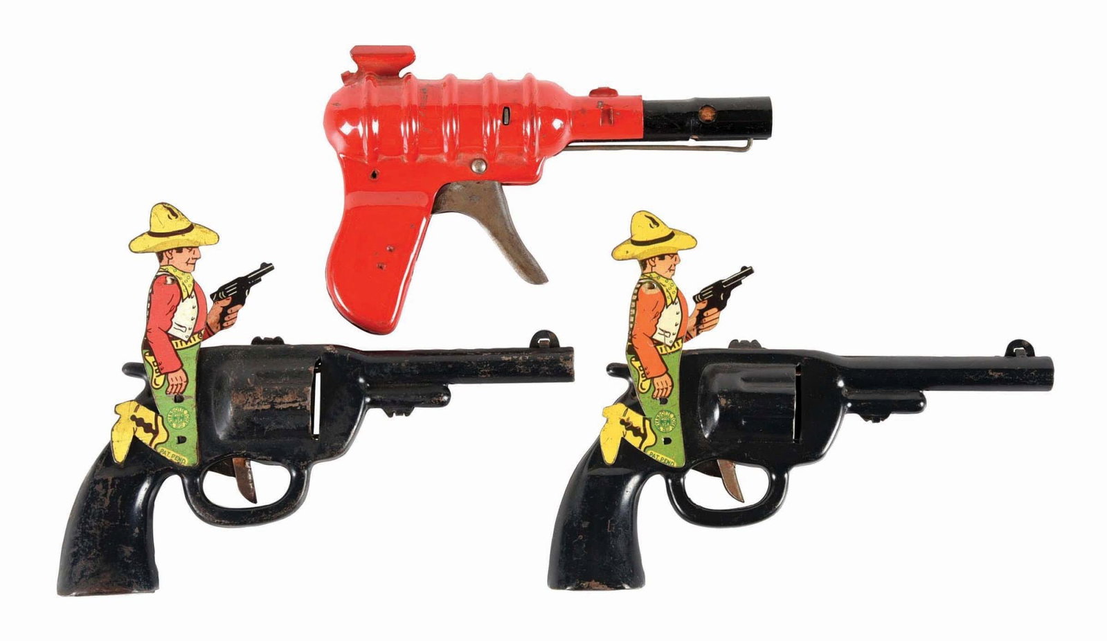 LOT OF 3: WYANDOTTE PRESSED STEEL CLICK & POP PISTOLS: (A) Red and black space gun. (B) Two Me & My Buddy Cowboy black pistols with lithographed figure cowboy, whose arm extends and points gun when trigger is pulled. Condition: (Very Good - Excellent) Dim