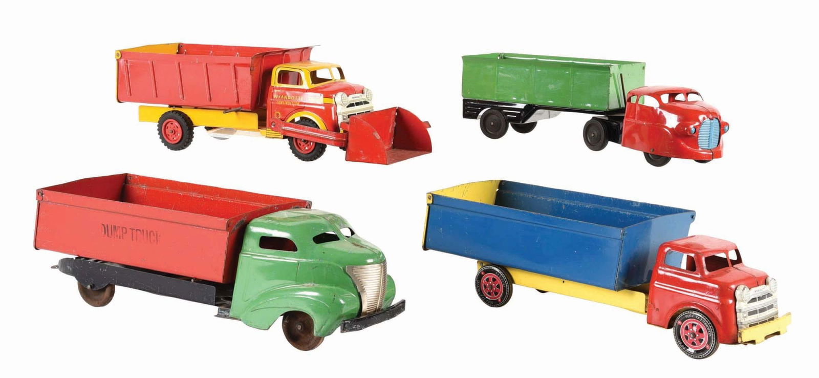 LOT OF 4: WYANDOTTE PRESSED STEEL & TIN LITHO DUMP TRUCKS (1 of 3)