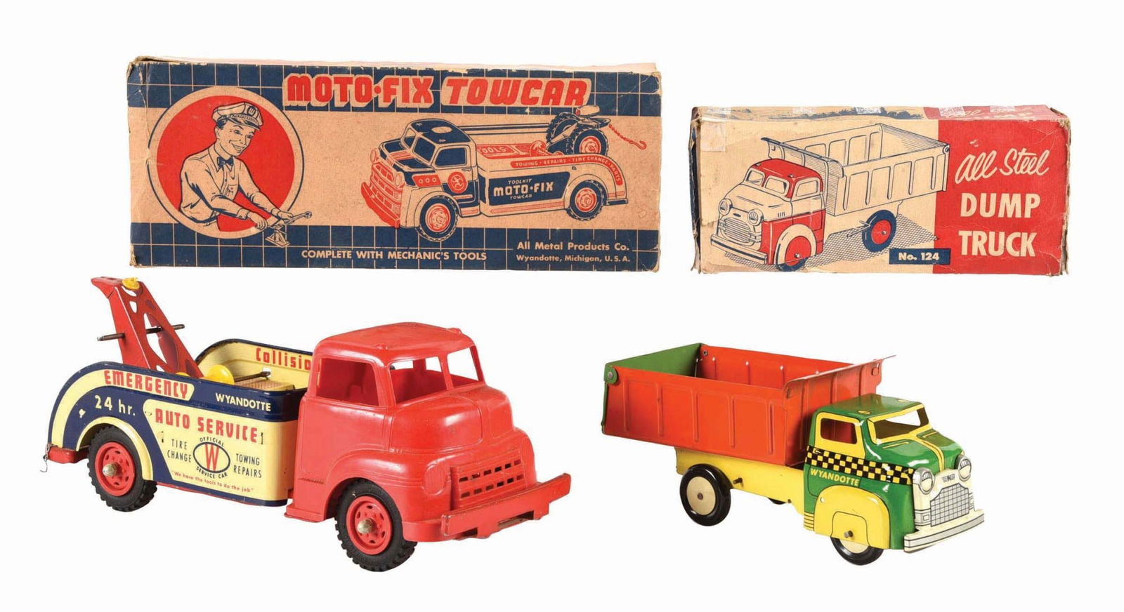 LOT OF 2: WYANDOTTE PLASTIC, TIN LITHO & PRESSED STEEL TRUCKS W/ ORIGINAL BOXES (1 of 3)