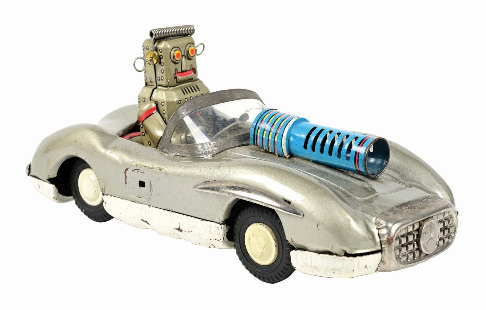 1950S TIN LITHO FRICTION MERCEDES CAR DRIVEN BY ROBOT: It has a silver robot and silver car edition. The car is a Mercedes, and has a gun on the front. CONDITION: The friction works well. Two pieces of the side molding are missing in the middle. Some scra