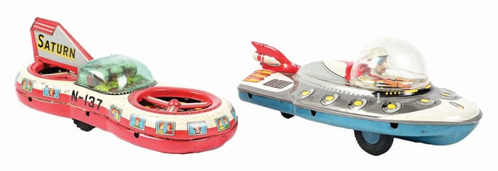 LOT OF 2: 1950S JAPANESE TIN LITHO FRICTION SPACE VEHICLES