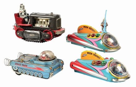 LOT OF 4: VARIOUS TIN LITHO BATTERY-OPERATED ROBOT & SPACE TOYS