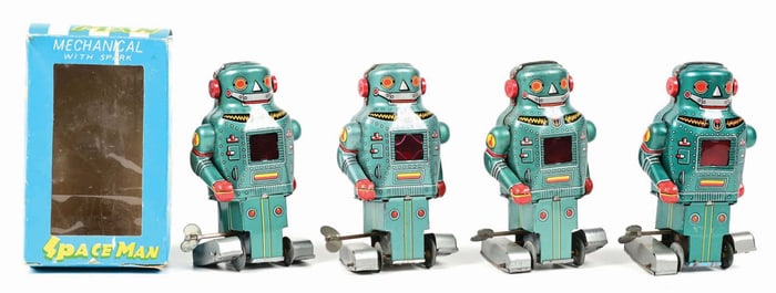 LOT OF 4: VARIOUS TIN LITHO WIND-UP JAPANESE SPACE MAN ROBOTS
