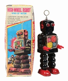 JAPANESE TIN LITHO & PLASTIC WIND-UP HIGH-WHEEL TOY ROBOT W/ ORIGINAL BOX