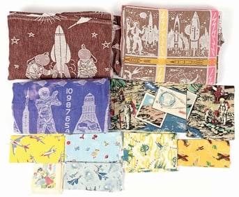 LOT OF 14: VARIOUS VINTAGE & CONTEMPORARY SPACE-RELATED CLOTH, BLANKETS & OTHER ACCESSORIES