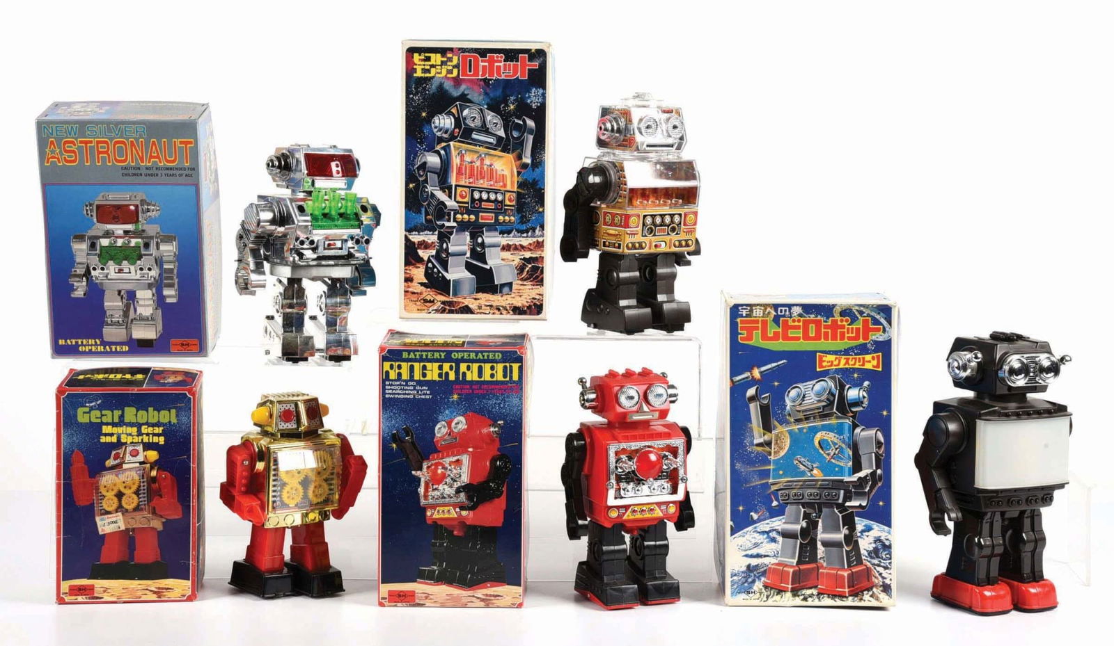 LOT OF 5: VARIOUS JAPANESE PLASTIC ROBOTS IN ORIGINAL BOXES (1 of 3)