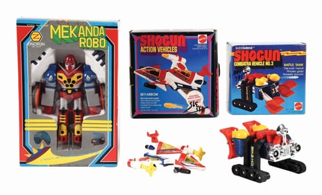 LOT OF 3: MATTEL SHOGUN & ZINCRON DIE-CAST & PLASTIC ROBOT SPACE VEHICLE TOYS IN ORIGINAL BOXES