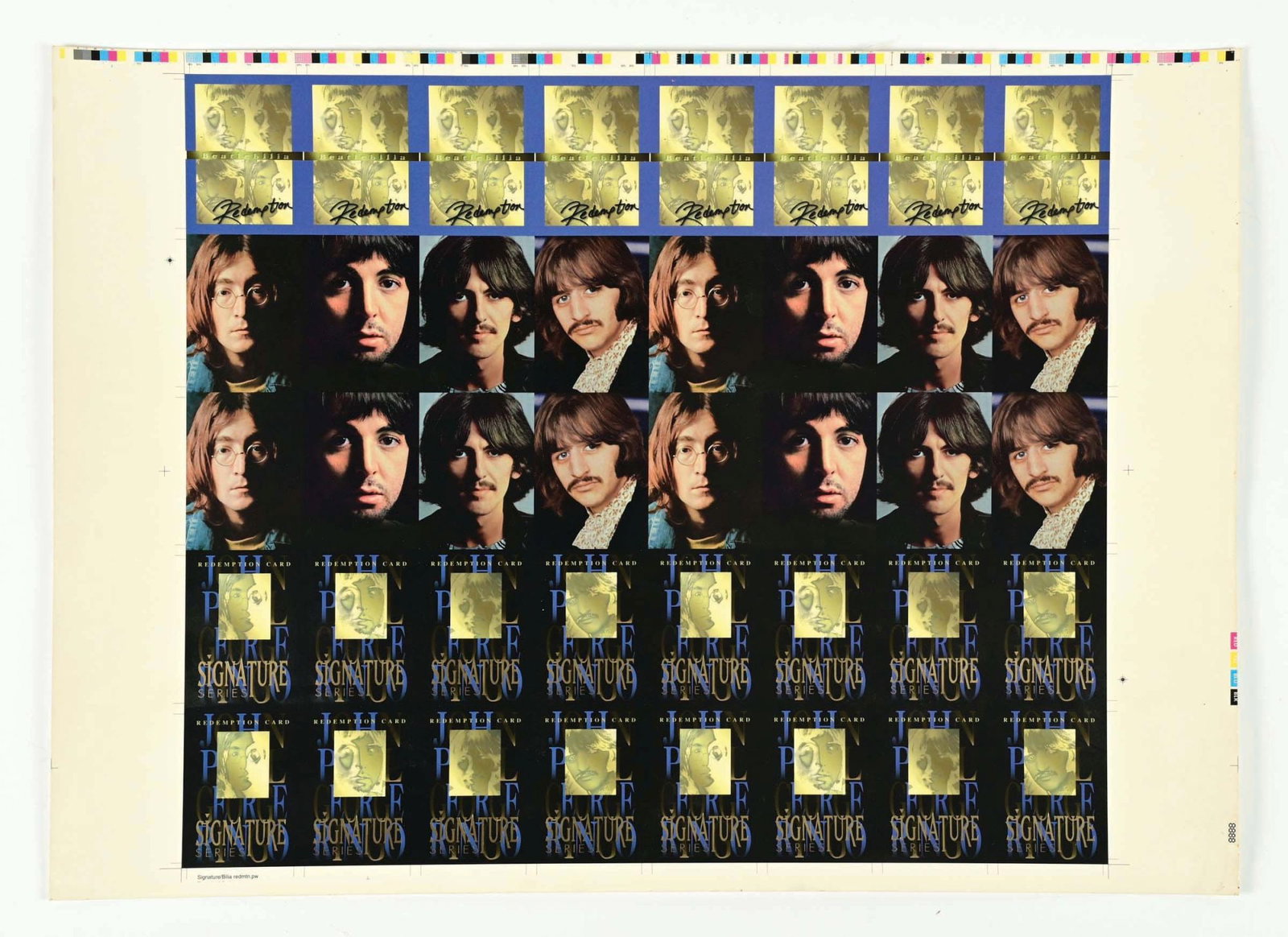 SCARCE 1990S BEATLES DOUBLE-SIDED UNCUT VIRGIN CARD SHEET: Rare. One side has the Signature Series and the other side has 40 great picture cards, all about The Beatles. Condition: (Excellent) Dimensions: Sheet: 28" x 20".