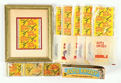 TERRIFIC LOT OF 1956 TOPPS US & CANADIAN UNOPENED ELVIS PRESLEY CARD PACKS, WRAPPERS & BOTTOM OF