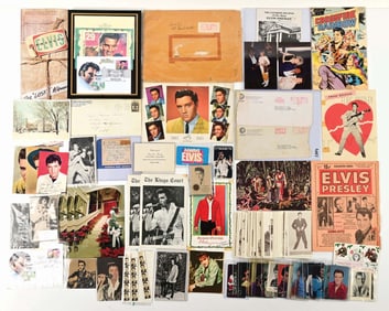 LARGE COLLECTION OF OVER 50 VARIOUS ELVIS PRESLEY POST CARDS, LOBBY CARDS, PHOTOS W/ FACSIMILE