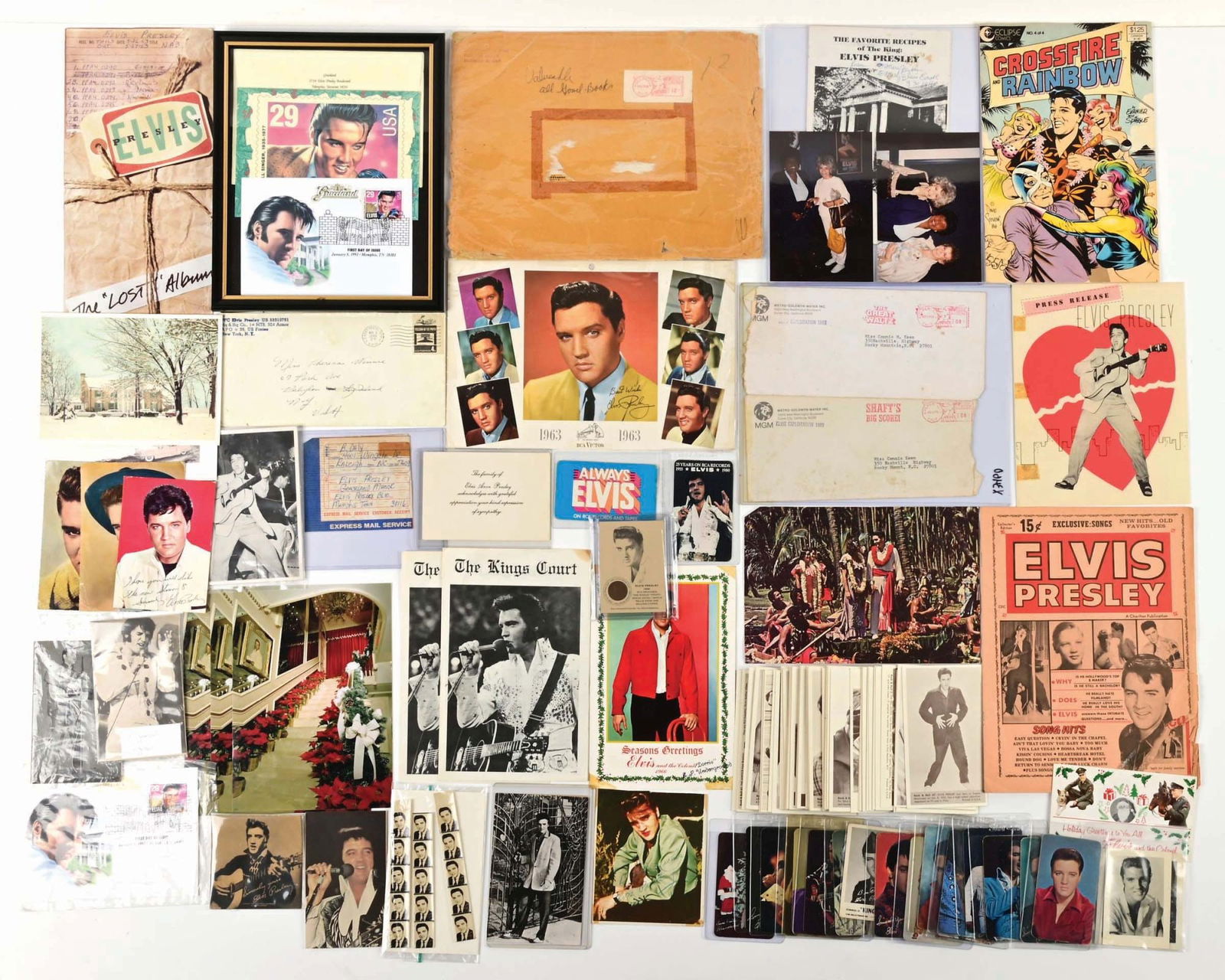 LARGE COLLECTION OF OVER 50 VARIOUS ELVIS PRESLEY POST CARDS, LOBBY CARDS, PHOTOS W/ FACSIMILE (1 of 1)