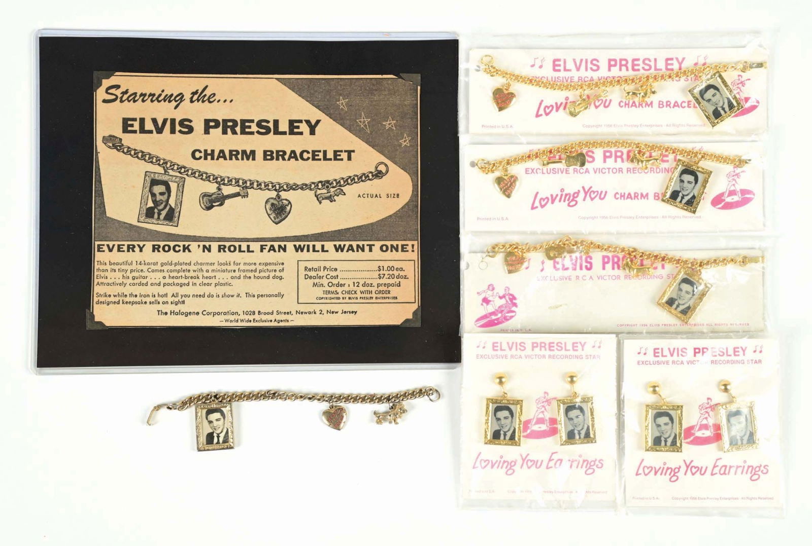 LOT OF 7: VARIOUS ELVIS PRESLEY MEMORABILIA ITEMS: Includes three "Loving You" charm bracelets with a picture of Elvis in a small gold frame, two sets of "Loving You" earrings with the same Elvis photo in frame, all five on the original cards, 1956 El