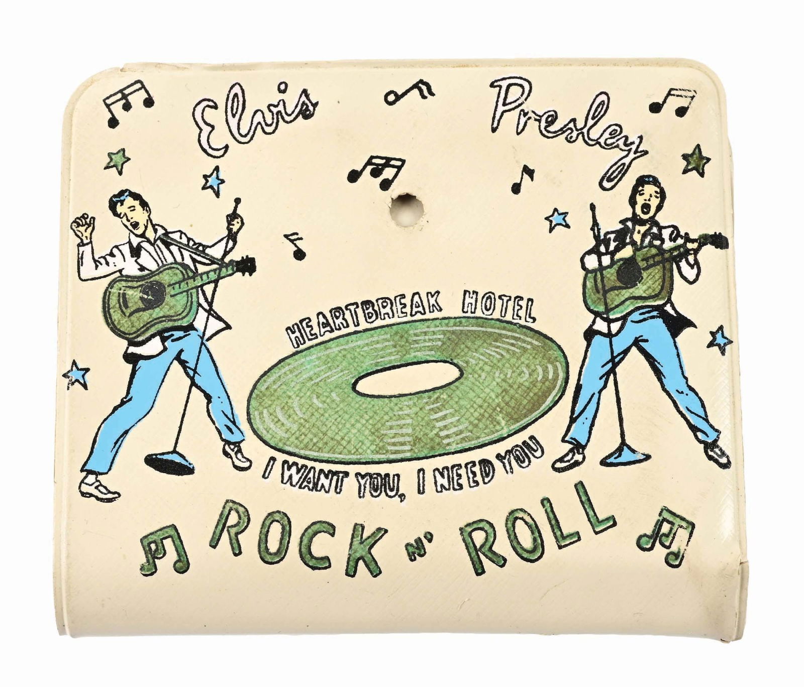 1950S ORIGINAL ELVIS PRESLEY WALLET: Marked "Rock N' Roll" and "Heartbreak Hotel / I Want You, I Need You", with coin receiver inside. Shows Elvis on both sides of front of wallet playing guitar. Condition: (Excellent) Dimensions: 4 - 1/
