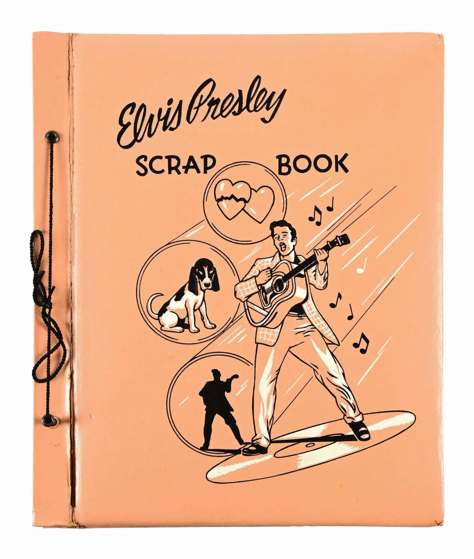 ELVIS PRESLEY SCRAPBOOK: It shows Elvis on the cover, playing the guitar. The top cover is split. It shows lots of old articles in both black and white and color. It is full of polaroids and newspaper ads from Elvis. Conditio