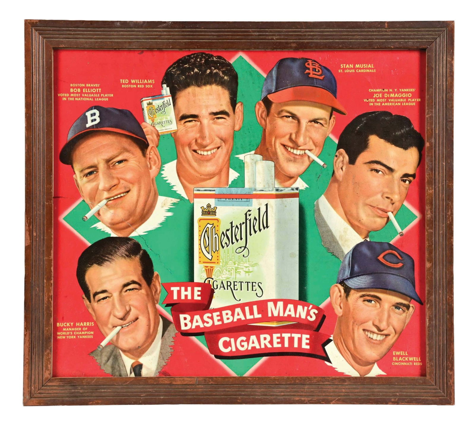 ORIGINAL 1948 CHESTERFIELD CIGARETTES "THE BASEBALL MAN'S CIGARETTE" AD DISPLAY (1 of 2)