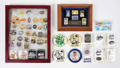 LOT OF 10: NY METS PINS AND COLLECTOR STAMP IN CASE