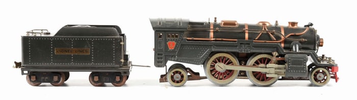 LOT OF 2: LIONEL GUNMETAL GREY 385 STANDARD GAUGE LOCOMOTIVE & TENDER