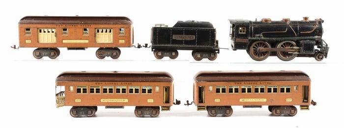 LOT OF 5: STANDARD GAUGE LIONEL NO. 384 LOCOMOTIVE & TENDER W/ NO. 309, 310 & 312 PASSENGER CARS