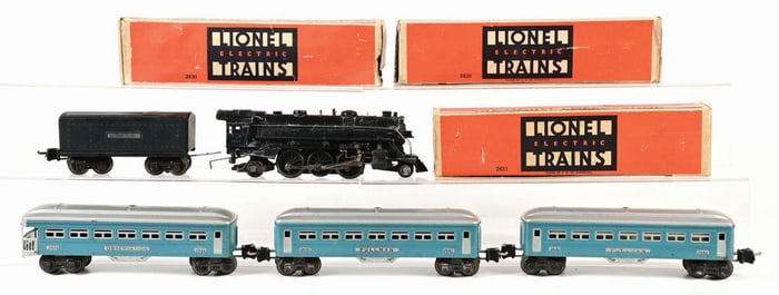LOT OF 5: LIONEL 1666 PRE-WAR STEAM LOCOMOTIVE W/ 2630 & 2631 PASSENGER CARS