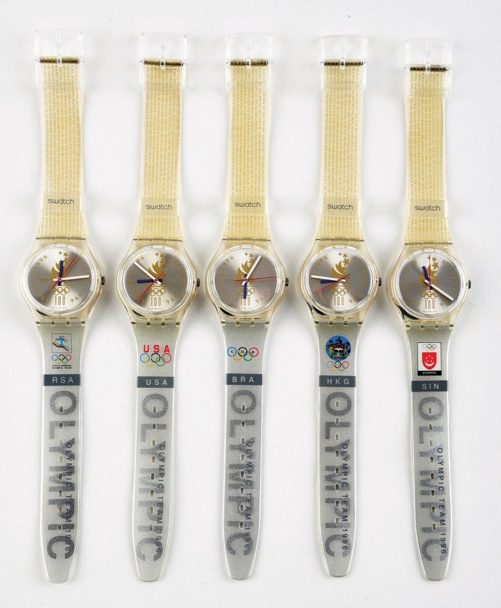 LOT OF 5: OLYMPIC SPECIALS SWATCHES: (A) GZ150B "Olympic Team RSA" Olympic Specials Swatch Watch. (B) GZ150J "Olympic Team USA" Olympic Specials Swatch Watch. (C) GZ150R "Olympic Team BRA" Olympic Specials Swatch Watch. (D) GZ150H "Olymp