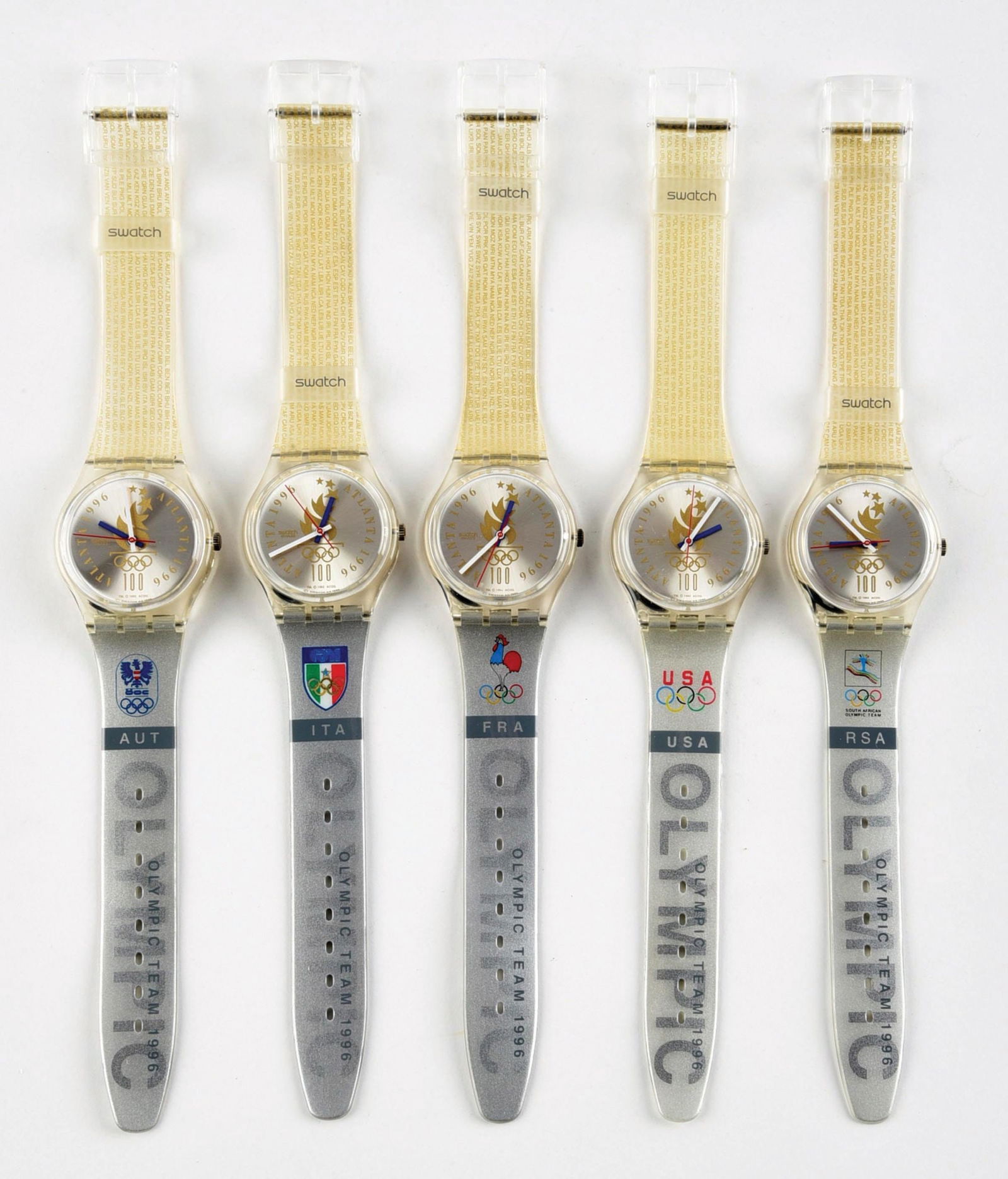 LOT OF 5: OLYMPIC SPECIALS SWATCHES: (A) GZ150K "Olympic Team AUT" Olympic Specials Swatch Watch. (B) GZ150I "Olympic Team ITA" Olympic Specials Swatch Watch. (C) GZ150F "Olympic Team FRA" Olympic Specials Swatch Watch. (D) GZ150J "Olymp