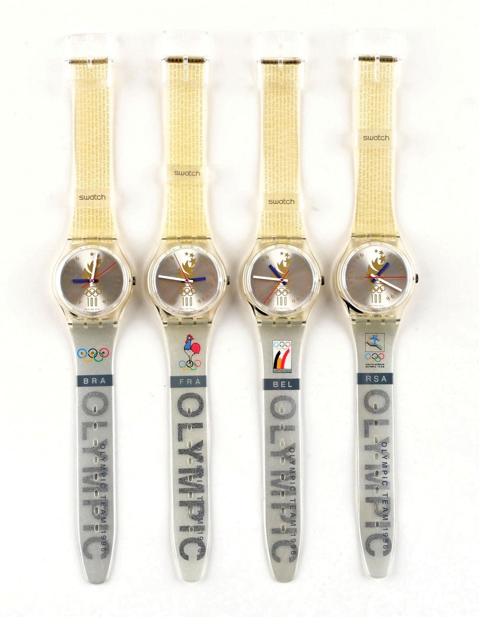 LOT OF 4: OLYMPIC SPECIALS SWATCHES: (A) GZ150R "Olympic Team BRA" Olympic Specials Swatch Watch. (B) GZ150F "Olympic Team FRA" Olympic Specials Swatch Watch. (C) GZ150L "Olympic Team BEL" Olympic Specials Swatch Watch. (D) GZ150B "Olymp