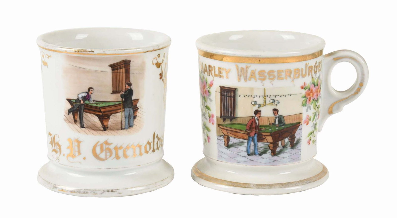 LOT OF 2: POOL SHOOTER SHAVING MUGS: The lot includes images of men shooting pool. Condition: (Excellent) Dimensions: Largest: 4 - 3/4" x 3 - 1/2" x 4".