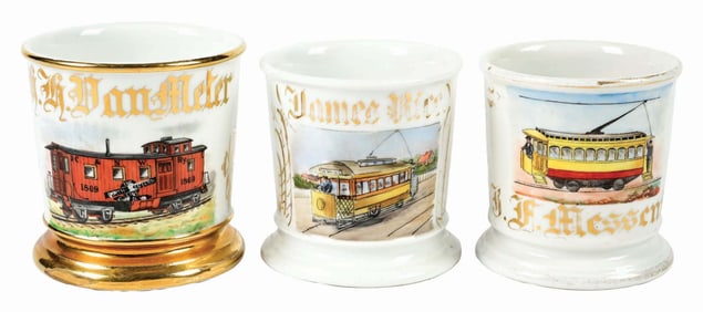 LOT OF 3: TROLLEYS AND TRAIN ENGINE SHAVING MUGS