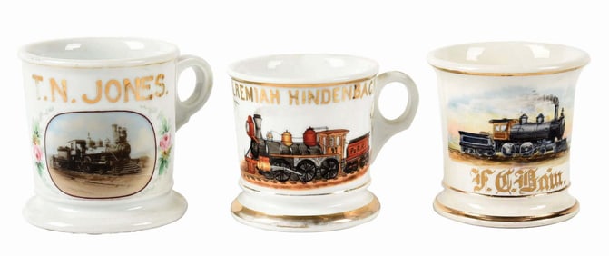 LOT OF 3: TRAIN-RELATED SHAVING MUGS