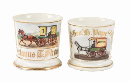 LOT OF 2: HORSE-DRAWN WAGON SHAVING MUGS