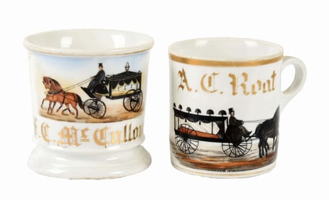 LOT OF 2: HORSE-DRAWN HEARSE-SHAPED SHAVING MUGS