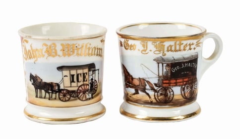 LOT OF 2: HORSE-DRAWN DELIVERY WAGON SHAVING MUGS
