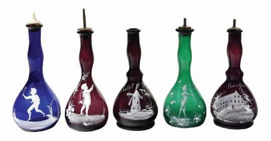 LOT OF 5: MARY GREGORY STYLE TONIC BOTTLES