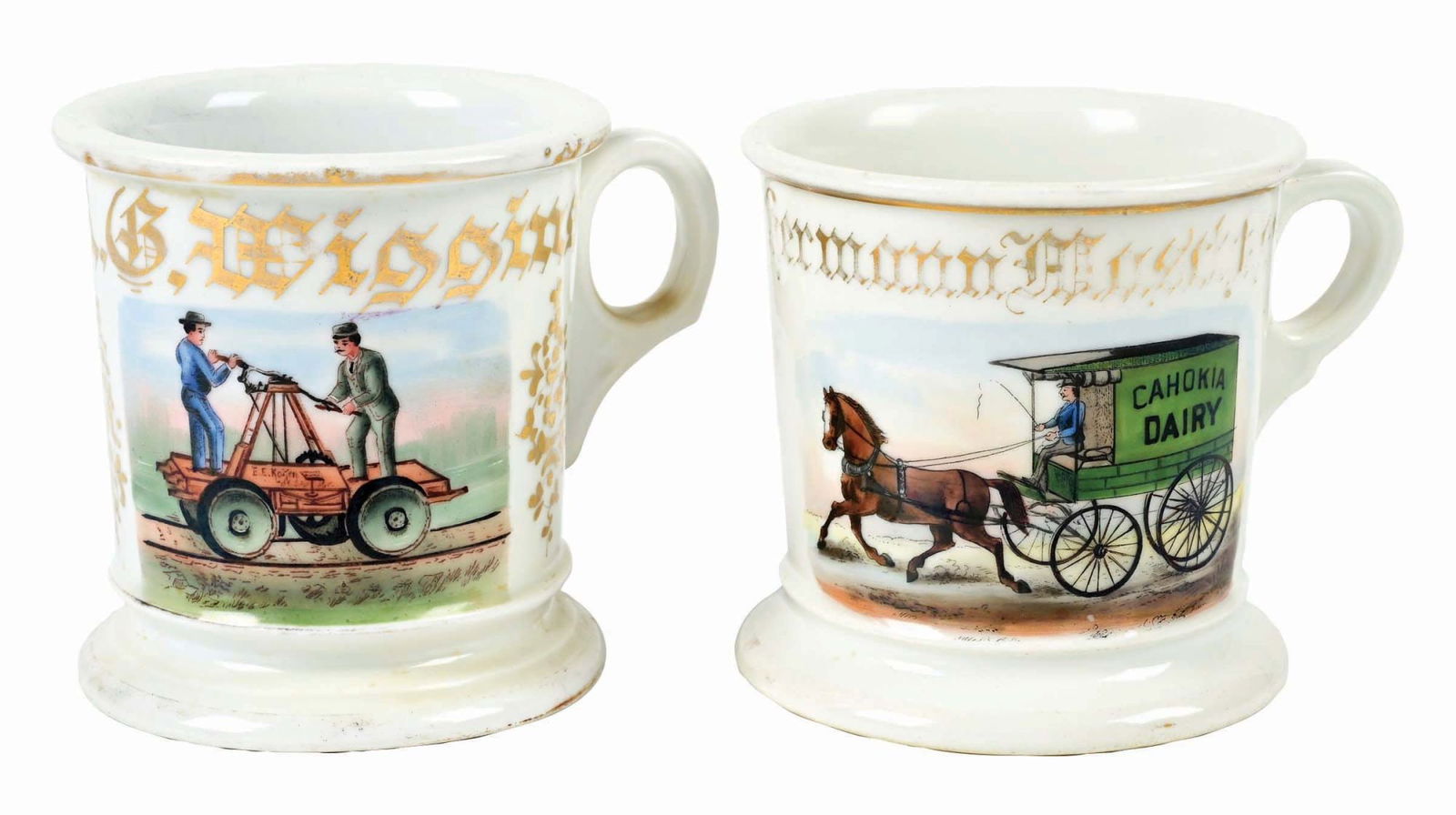 LOT OF 2: HORSE DRAWN DAIRY WAGON AND RAILROAD WORKERS SHAVING MUGS (1 of 4)