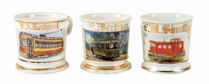 LOT OF 3: TRAIN-RELATED SHAVING MUGS